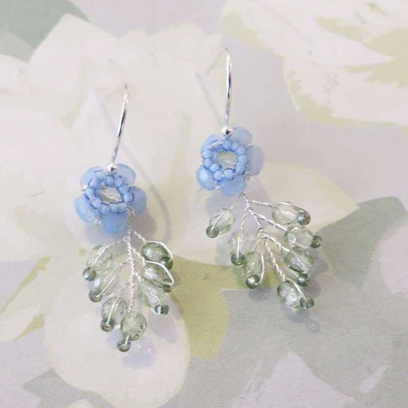Beaded Flower and Foliage Drop Earrings